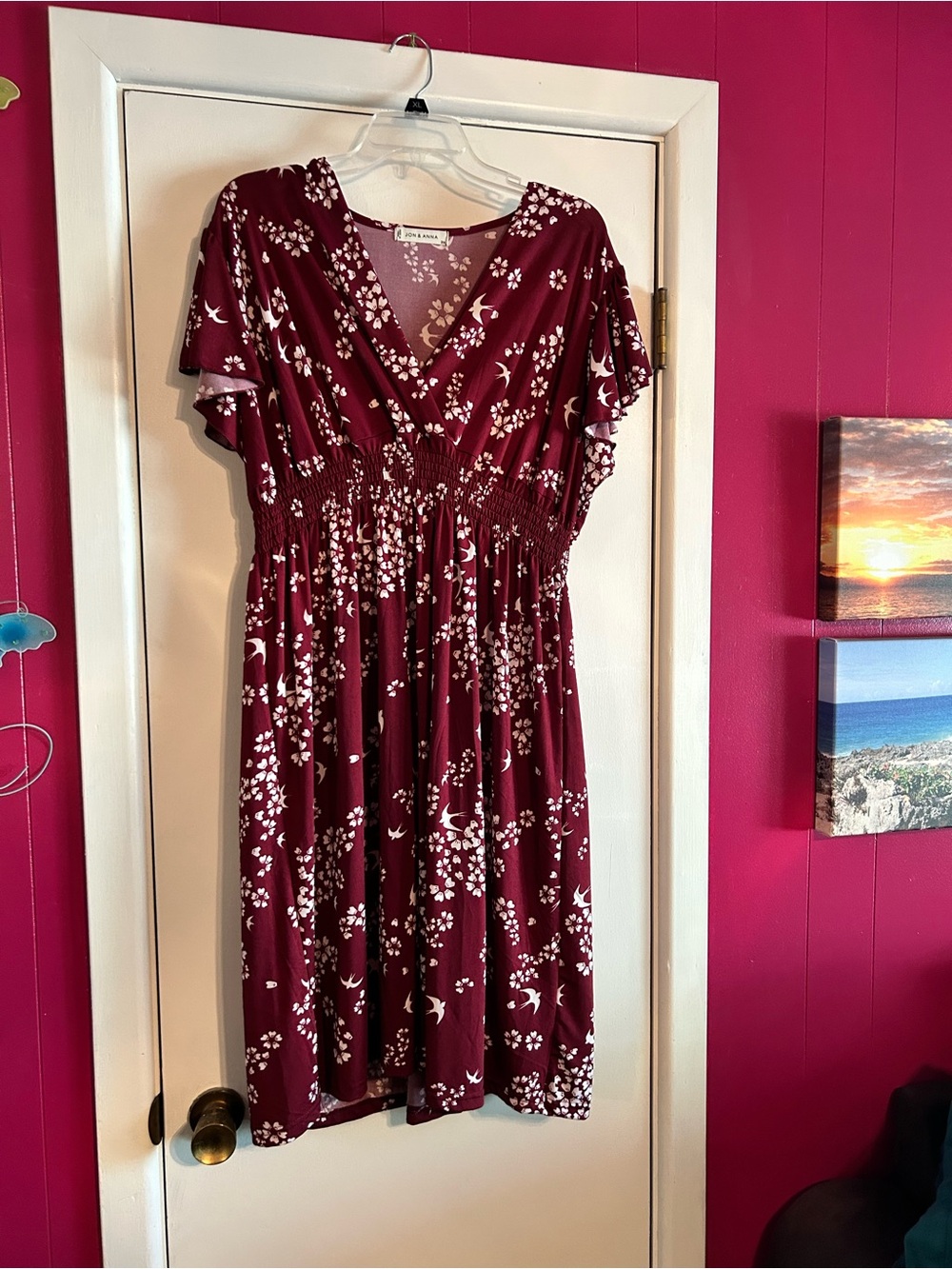 Jon & Anna Burgundy Floral V-Neck Smocked Waist Dress